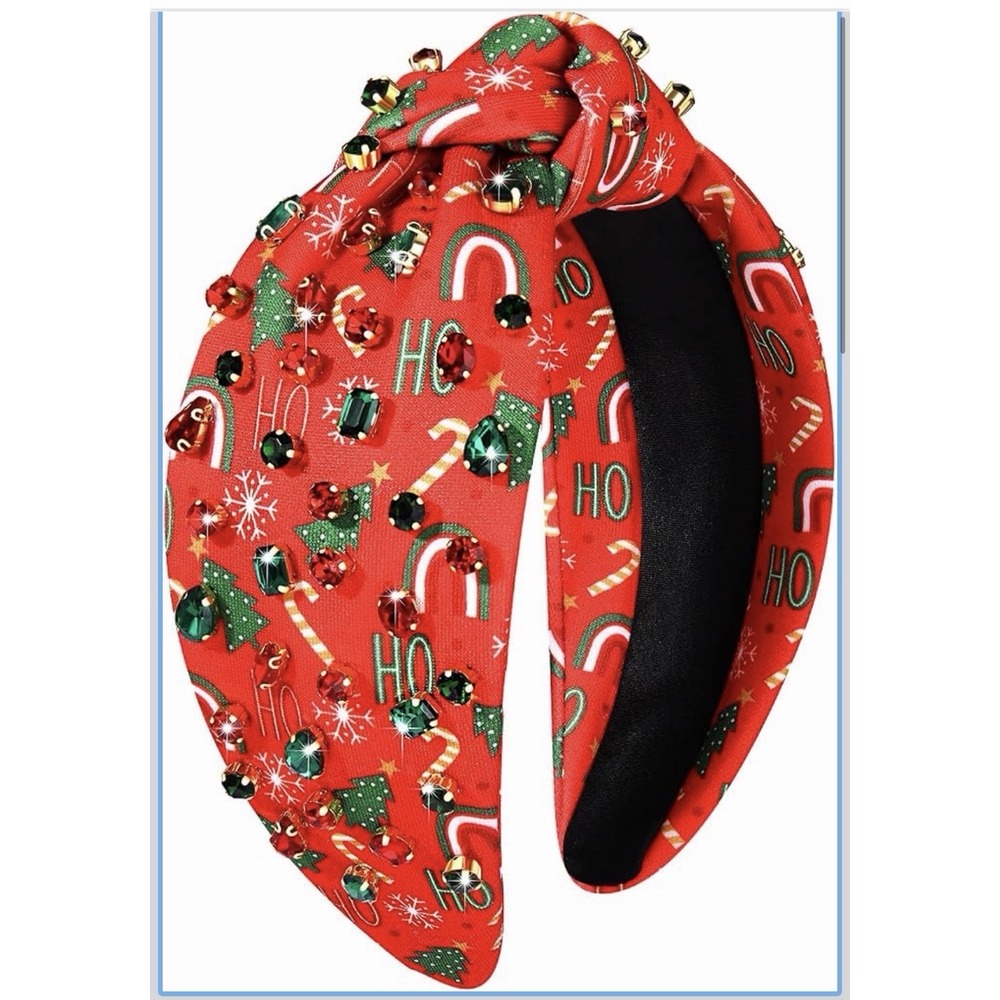 Christmas Rhinestone Jeweled Knotted Headband Red Green Ho Ho Ho Holiday Womens